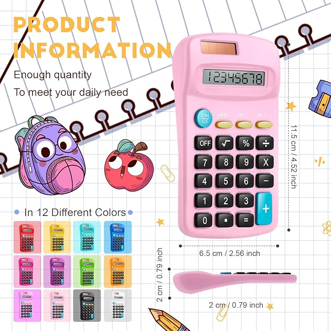 36 Packs Pocket Size Mini Calculator Basic Calculators for Handheld Angled Students 8 Digit Display Solar Battery Dual Power Small Calculator for Students Kids Home Office (12 Colors)