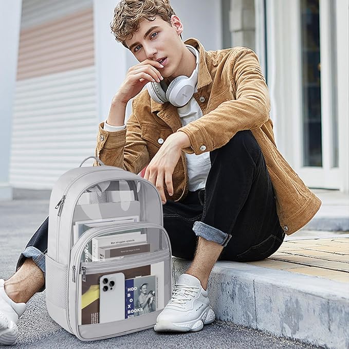 Clear Backpack, Heavy Duty Transparent Bookbag for School, Fabric & PVC Transparent Backpack with Reinforced Strap for Women Men, Capacity Clear Bag for College, Travel, Security, Grey