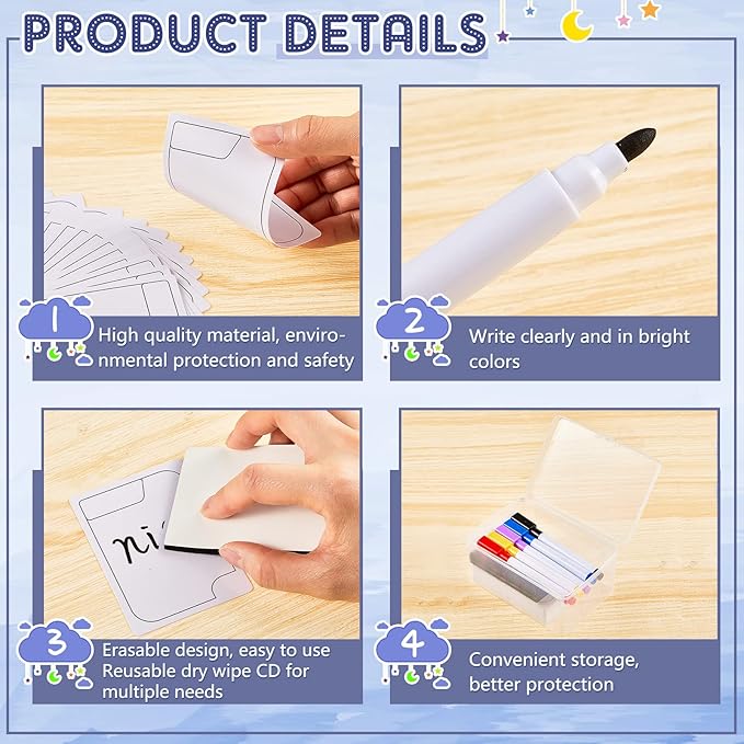 Crtiin 50-Piece Reusable Dry Erase Tokens Set - Blank Index Cards with 5 Color-Coded Markers, 2 Eraser Cloths & Storage Box for DIY Card Games, Flashcards, to-Do Lists, Kids & Adults