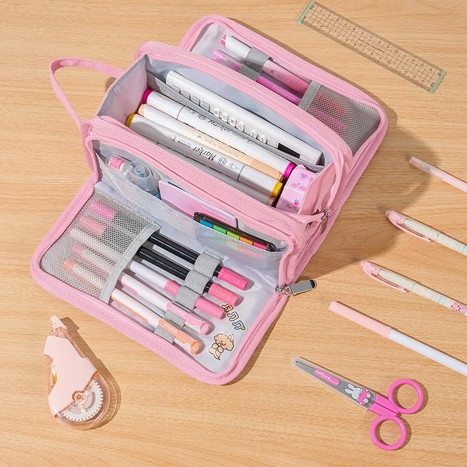 Sooez Large Pencil Case, Big Capacity Pencil Pouch Pen Bag with 3 Compartment, Portable Canvas Stationery Organizer with Zipper, Cute Aesthetic School Supplies for Teen Girls College, Pure Pink