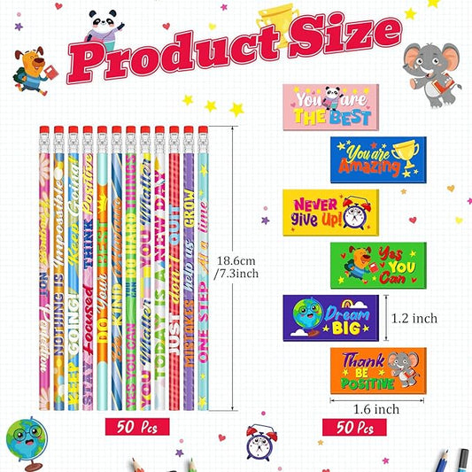 Cinrobiye 100 Pcs Inspirational Pencils with Erasers for Kids，Motivational Pencil Erasers Bulk Back to School Gifts Supplies Party Favor Goody Bag Fillers for Students Classroom Teacher Prizes Reward