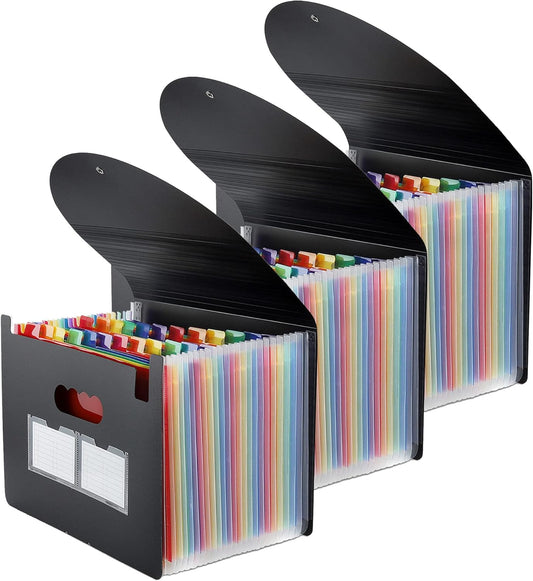 3 Pack Expanding File Folder, 24 Pocket Accordian File Organizer A4 Letter Size Portable Document Organizer with Colored Tabs, Expandable Desktop Accordion Folder -Black