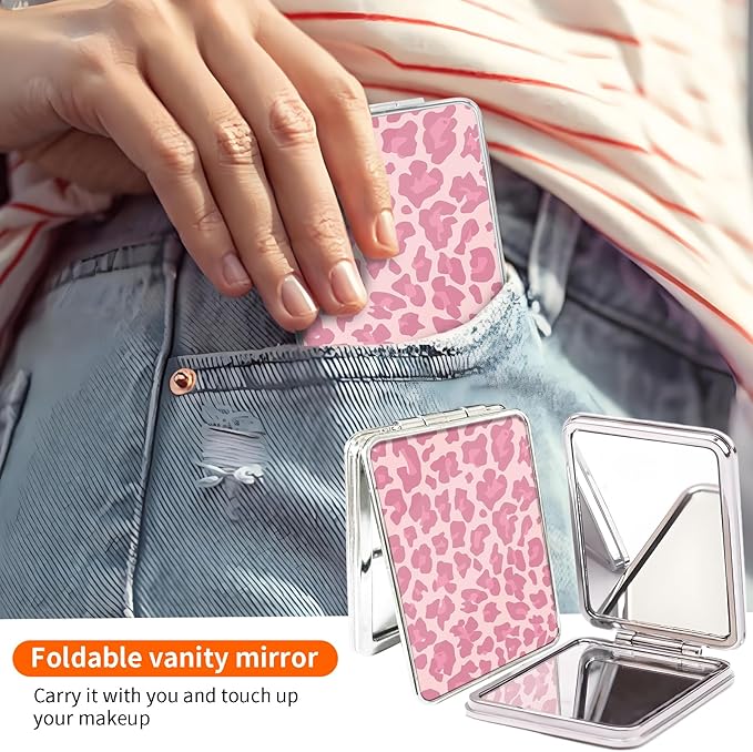 Compact Pocket Mirror, Cute Travel Mini Mirror with Magnification, Foldable Double-Sided Portable Cosmetic Mirror for Men, Women Pink Leopard
