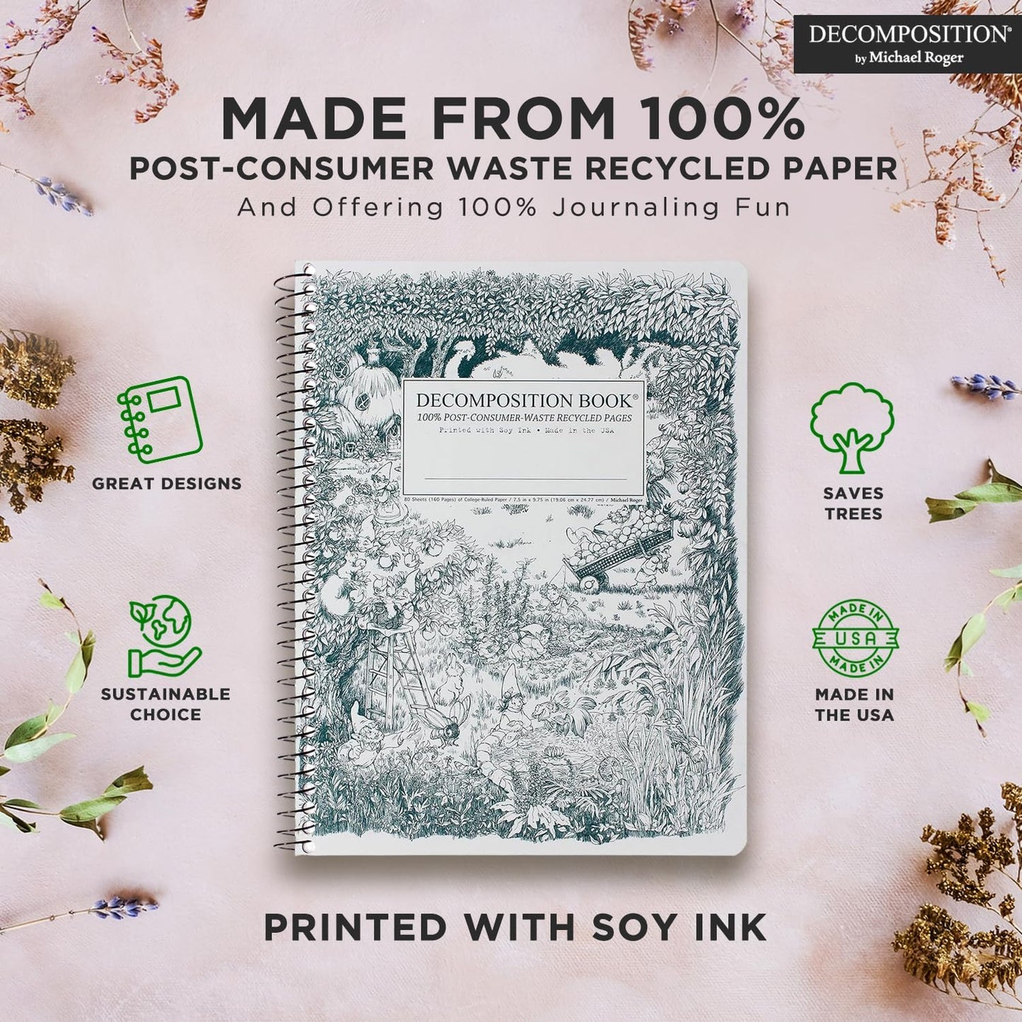 Decomposition Gardening Gnomes College Ruled Spiral Notebook - 9.75 x 7.5 Journal with 160 Lined Pages - 100% Recycled Paper - Cute Notebooks for School Supplies, Home & Office - Made in USA