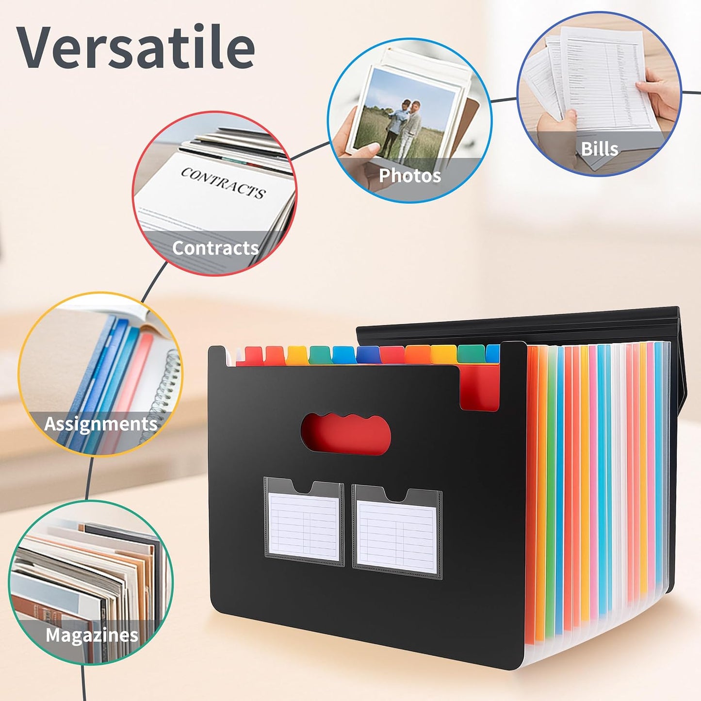 Accordion File Organizer, 2 Pack Secure Closure Expanding File Folder with 25 Pockets, Blank Labels and Colorful Inner Page, Large Waterproof Quick Access Folder Organizer for A4/Letter Size, Black