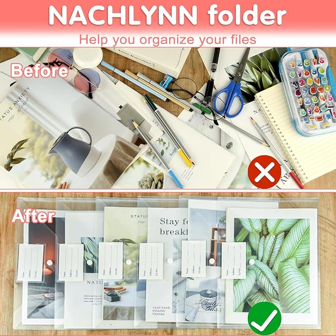 NACHLYNN 18 Pack Plastic Envelopes Plastic Folders With Snap Closure, A4 Size Clear File Envelopes with Label Documents Folders Organizers for Home Work Office Organization