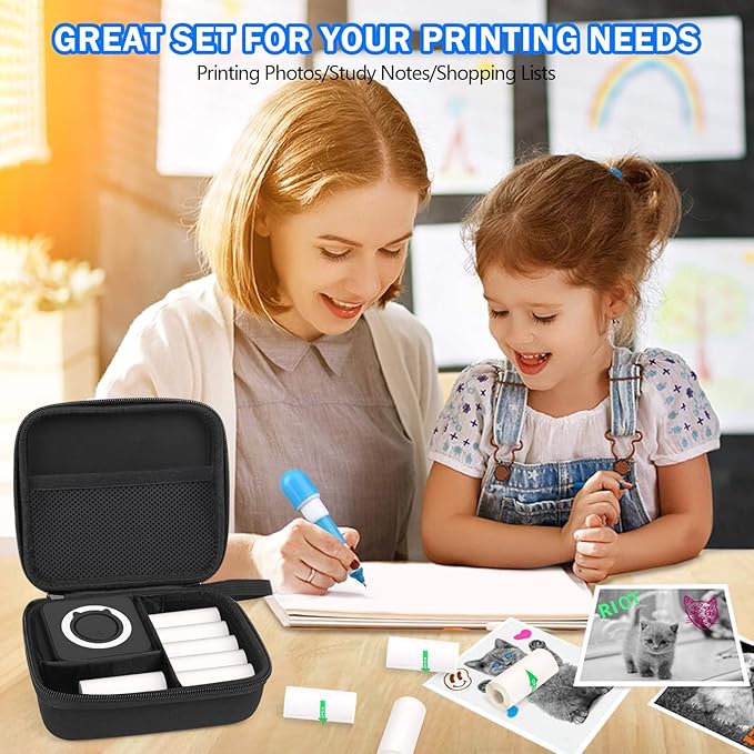 Black Mini Pocket Printer with Black Case, Mini Thermal Printer with 10 Rolls Thermal Paper, Mini Portable Photo Printers for Travelling, Journal, Memo, Photo, Study Notes, Shopping Lists