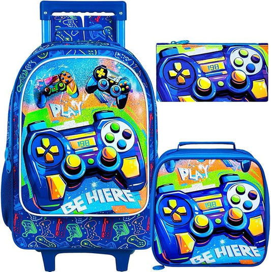 3Pcs Gamer Rolling Backpack for Boys, Kids School Backpacks with Wheels, Roller Bookbag with Lunch Box for Elementary Preschool(Blue)