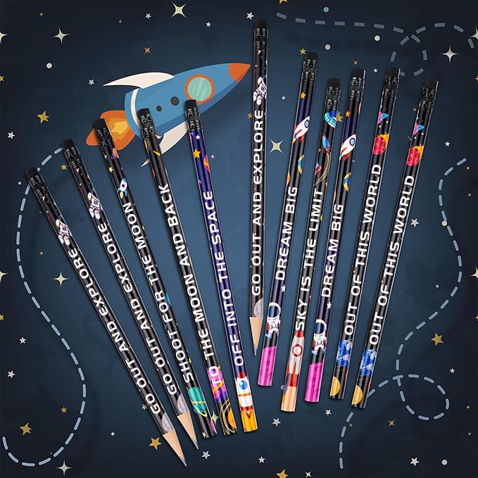 Kolewo4ever 100 Pieces Space Theme Pencils - Fun Astronaut Pencils with Matching Eraser for Classrooms, Student Reward, Space Party Favors