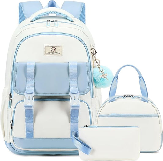 AO ALI VICTORY School Backpack for Girls Women 15.6 Inch Laptop Backpacks College Bookbag Cute Kids Elementary Middle High School Bag with Lunch Box Set for Teens Students Travel Daypack, Blue Set