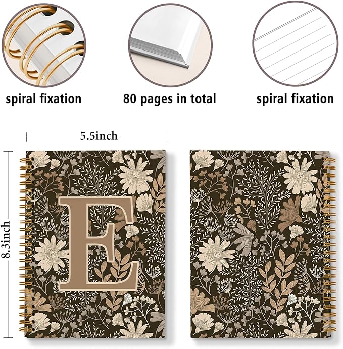 Initial E Personalized Journal Notebook, Boho Floral Journaling Notebooks for Women Girls, Costom Monogrammed Gifts for Women Mom Girls Friends, Letter Spiral Notebook, 5.5x8.3