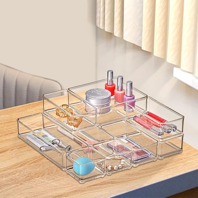 Amazing Abby - QuickSort - Plastic Stackable Organizers (10-Piece Set) for Vanity and Desk Drawer, Perfect Storage Solution for Beauty Products, Office Supplies, Decorative Items, and More