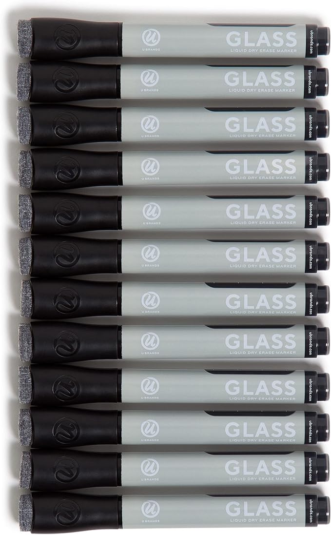 U Brands Bold Tip Liquid Glass Whiteboard Markers with Eraser for Glass Boards, Dry Erase Boards, and Chalk Boards, Black, Set of 12