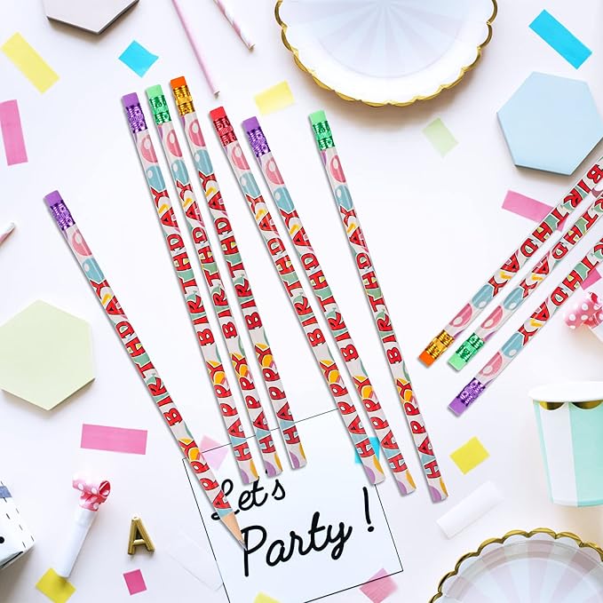 Kolewo4ever 200Pcs Happy Birthday Pencils Colorful Printed Pencils for Students Happy Birthday Teacher Pencil Classroom with Top Erasers for Kids Birthday Party Supplies Favors