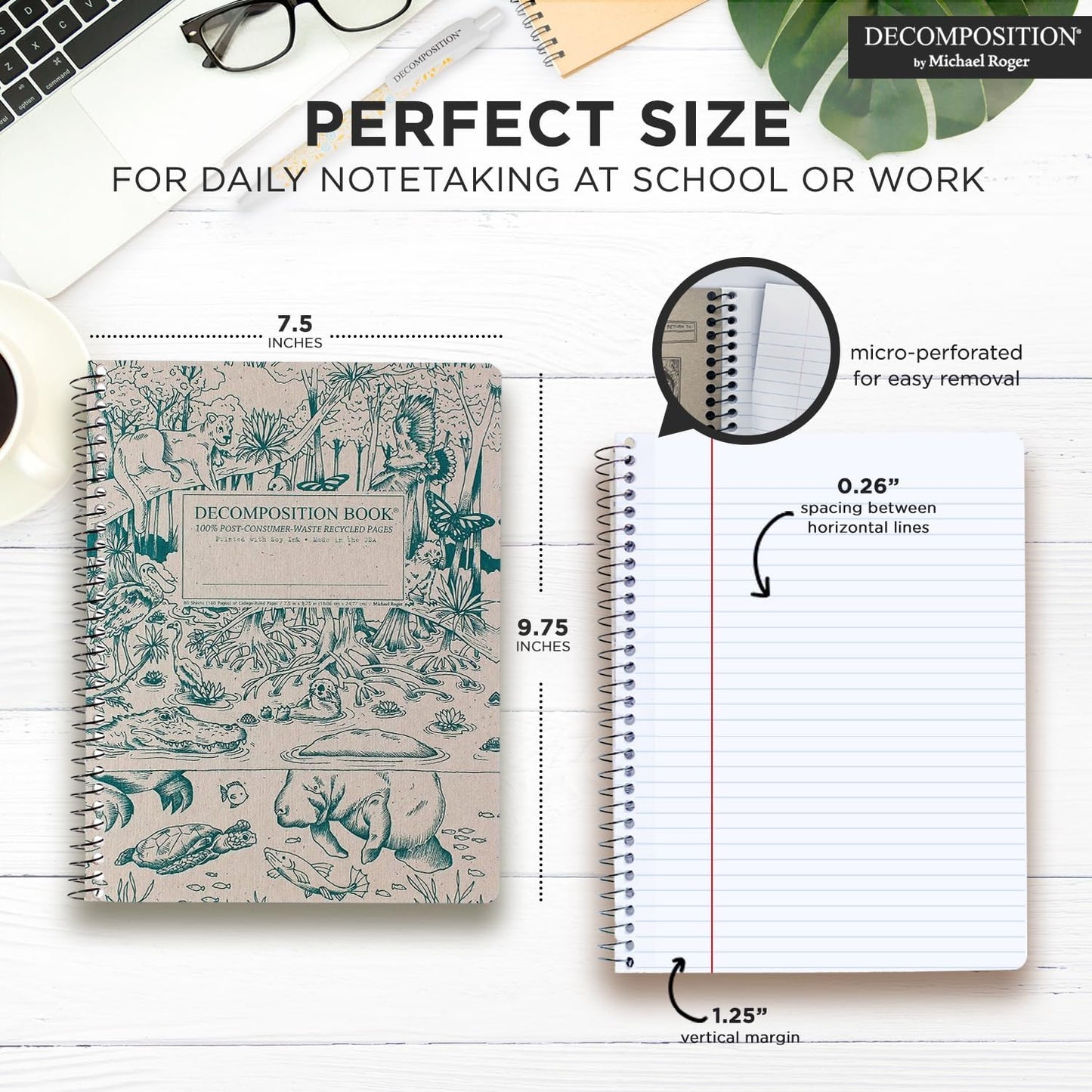 Decomposition 3-Pack Coastal Harmony College Ruled Spiral Notebook - 9.75 x 7.5 Journal, 160 Lined Pages - 100% Recycled Paper - Notebooks for School Supplies, Home & Office - Made in USA