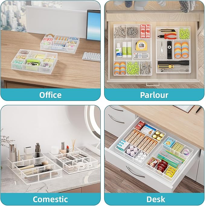 Marbrasse 2 Pack Desk Drawer Organizer, Mesh Drawer Organizer Tray with 8 Adjustable Compartments, Desk Organizers and Accessories, 5 Dividers for Office Supplies, Makeup & Vanity (White)