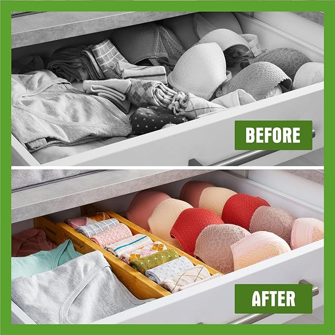 ANTOWIN Bamboo Drawer Dividers Organizers, Drawer Separators Splitter,13-17 inches Long Adjustable Spring-loaded Organizer for Large Utensil, Clothes, Tools Drawers (4+3)