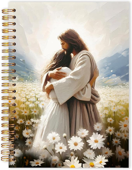 Qabliqo Jesus Christian Spiral Notebooks, Christian Gift Journal for Women, Daisy Flower Field Jesus Hugging Journals for Woman, Religious Notebook for Note Taking, 5.5x8.3 Inch