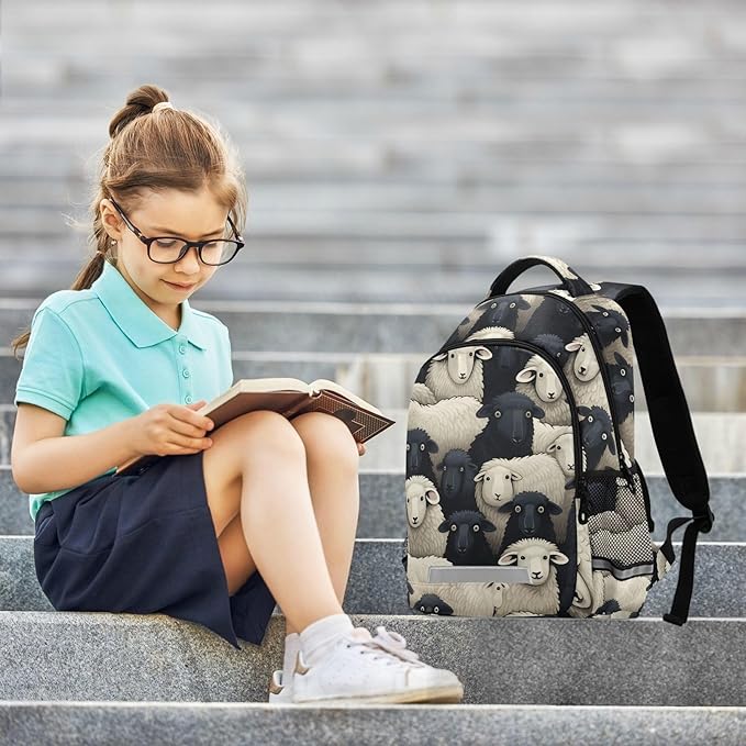 Backpack for Students Boys Girls Black White Lamb Sheep School Bag Travel Daypack Rucksack