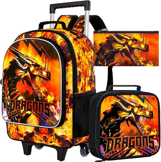 3PCS Rolling Backpack for Boys, Kids Roller Bookbag with Wheels, Dragon Wheeled School Backpack for Elementary Preschool Kindergarten(Orange)