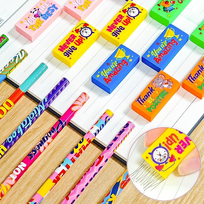 Cinrobiye 100 Pcs Inspirational Pencils with Erasers for Kids，Motivational Pencil Erasers Bulk Back to School Gifts Supplies Party Favor Goody Bag Fillers for Students Classroom Teacher Prizes Reward