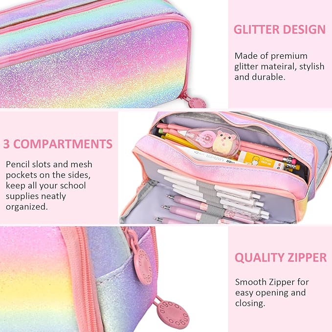 Glitter Rainbow Pencil Case for Girls, Large Capacity Pencil Pouch Pen Bag Organizer with 3 Compartments for Kids Students School Office Supplies Back to School Gifts