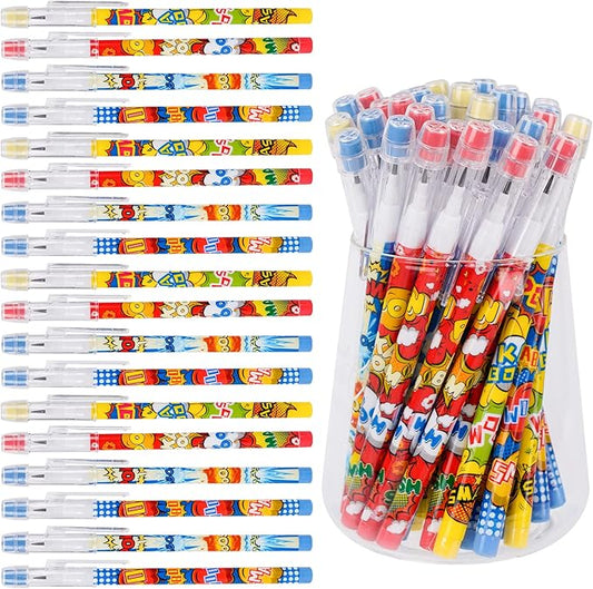 Kolewo4ever 48 Pcs Hero Pencils Translucent Pencil Multipoint Non Sharpening Stackable Pencils Pop Up Plastic Pencils Pow! Snap! Wham! Bang! Pencil for Party Favors