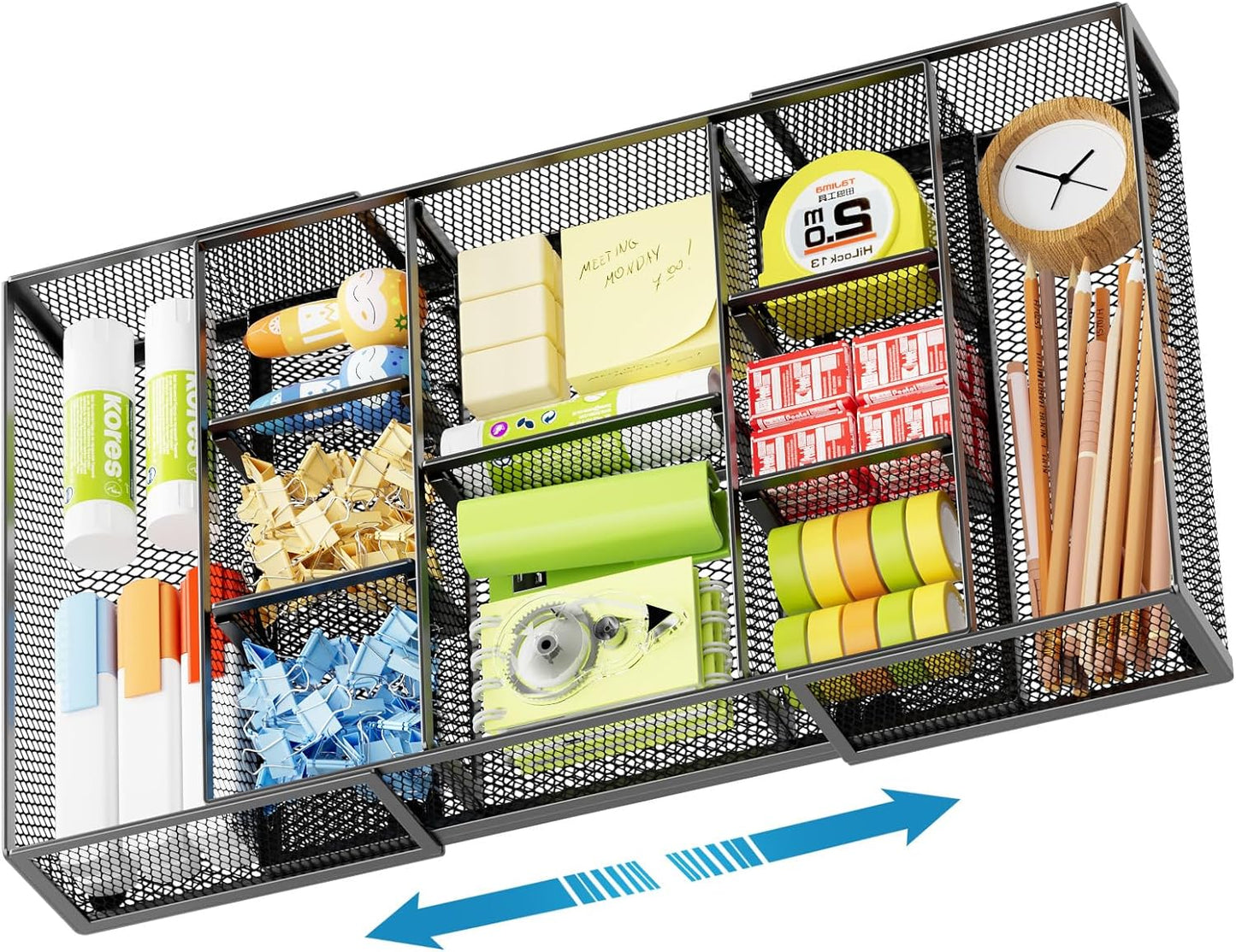 Marbrasse Expandable Desk Drawer Organizer, Mesh Drawer Organizer Tray with 10 Adjustable Compartments, Desk Organizers and Accessories for Office Supplies (Longer Expandable Drawer Organizer-B)