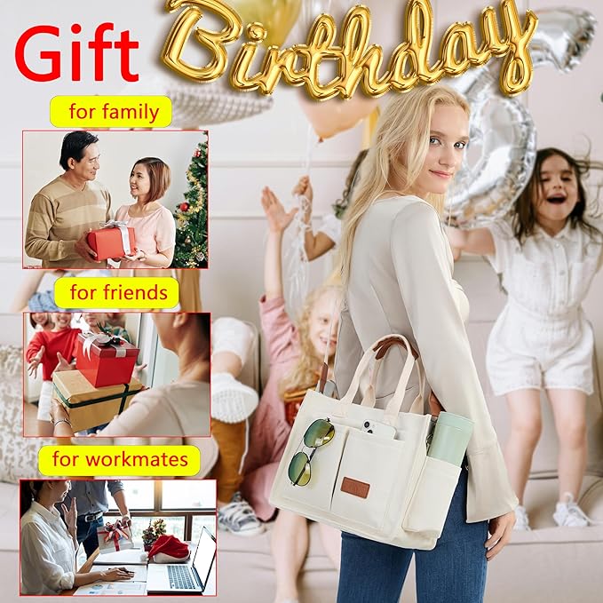 Tote Bag for Women With Compartments,Large Canvas Tote Women's Purse Crossbody Bags Work Laptop Book Bag Satchels Handbags