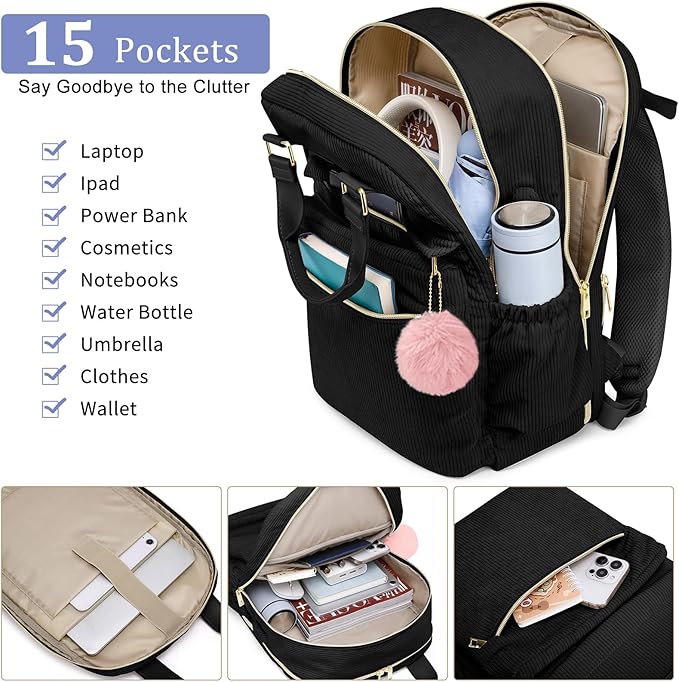 School Backpack for Girls Laptop Bookbag: Casual Corduroy Women Backpacks with USB Charging Port TSA Friendly Travel Back Pack with Anti-Theft Pockets Cute College Daypack for Teen Students Black
