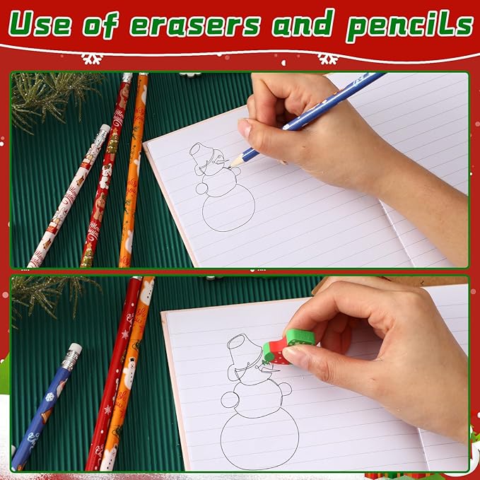 JULMELON 72PCS Christmas Party Favors Set, 36PCS Christmas Pencils with 36PCS Snowman Snowflake Santa Erasers, Pencils for Kids School Classroom Winter Holiday Party Reward Supplies