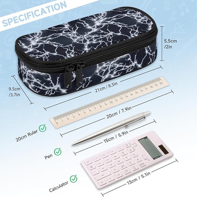 Lightning Large Pencil Case Big Capacity Black Pencil Pouch for Boys Girls Teen Women Men Adult, Portable Kids Pencil Bag with Zipper, Stationery Storage Pen Bag for School Supplies Office Organizer