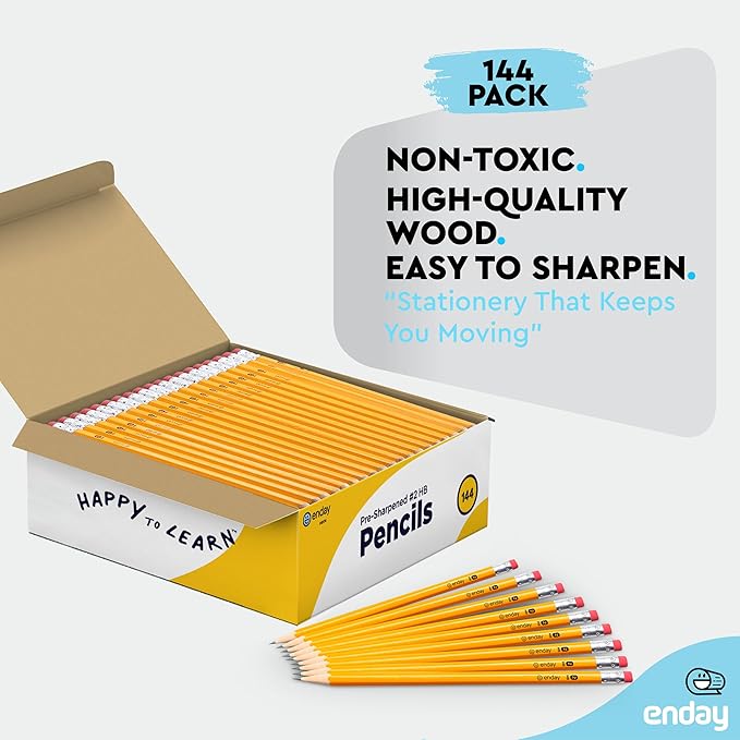 Enday #2 Pencils Bulk - 144 Pack - Pre-sharpened pencils #2 Wood-Cased Yellow Sharpened Pencils for Kids with Latex-Free Eraser Top for Office and Classroom Supplies.