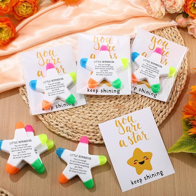 12 Sets Back to School Gifts for Students Star Highlighters with You're a Star Cards Gift Bags 5 in 1 Fluorescent Pens Affirmation Gifts for First Day of School Party Favor (Reminder)