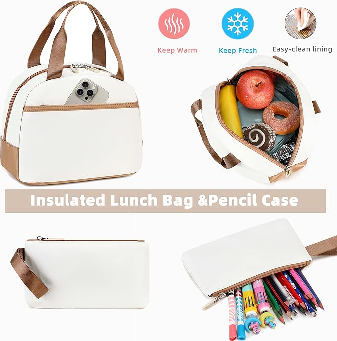 AO ALI VICTORY School Backpack for Girls Women 15.6 Inch Laptop Backpacks College Bookbag Cute Kids Elementary Middle High School Bag with Lunch Box Set for Teens Students Travel Daypack, Brown Set