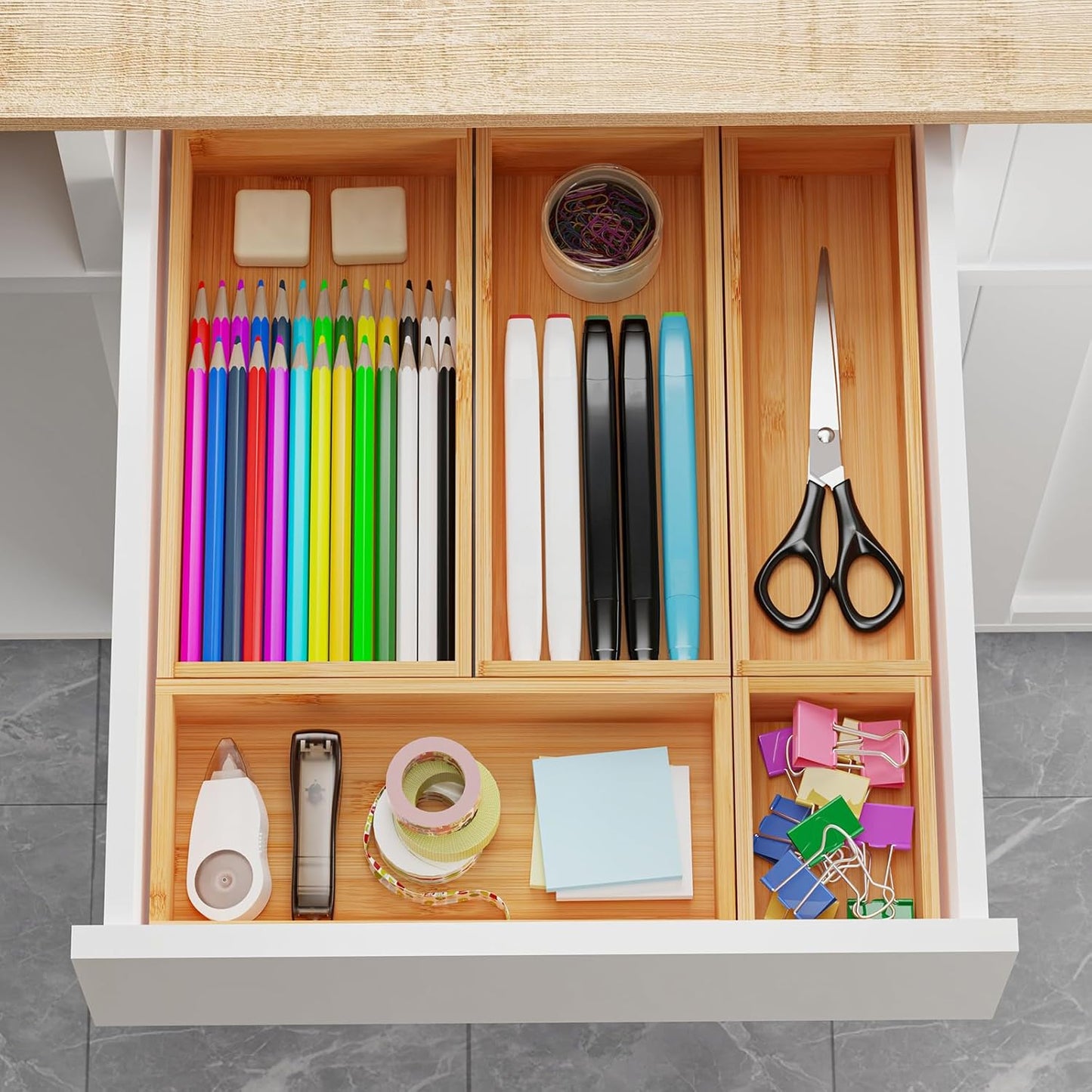 Bamboo Drawer Organizer Set, 5 PCS Wooden Storage Trays for Kitchen, Bathroom, Office, Makeup