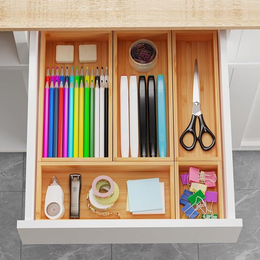 Bamboo Drawer Organizer Set, 5 PCS Wooden Storage Trays for Kitchen, Bathroom, Office, Makeup