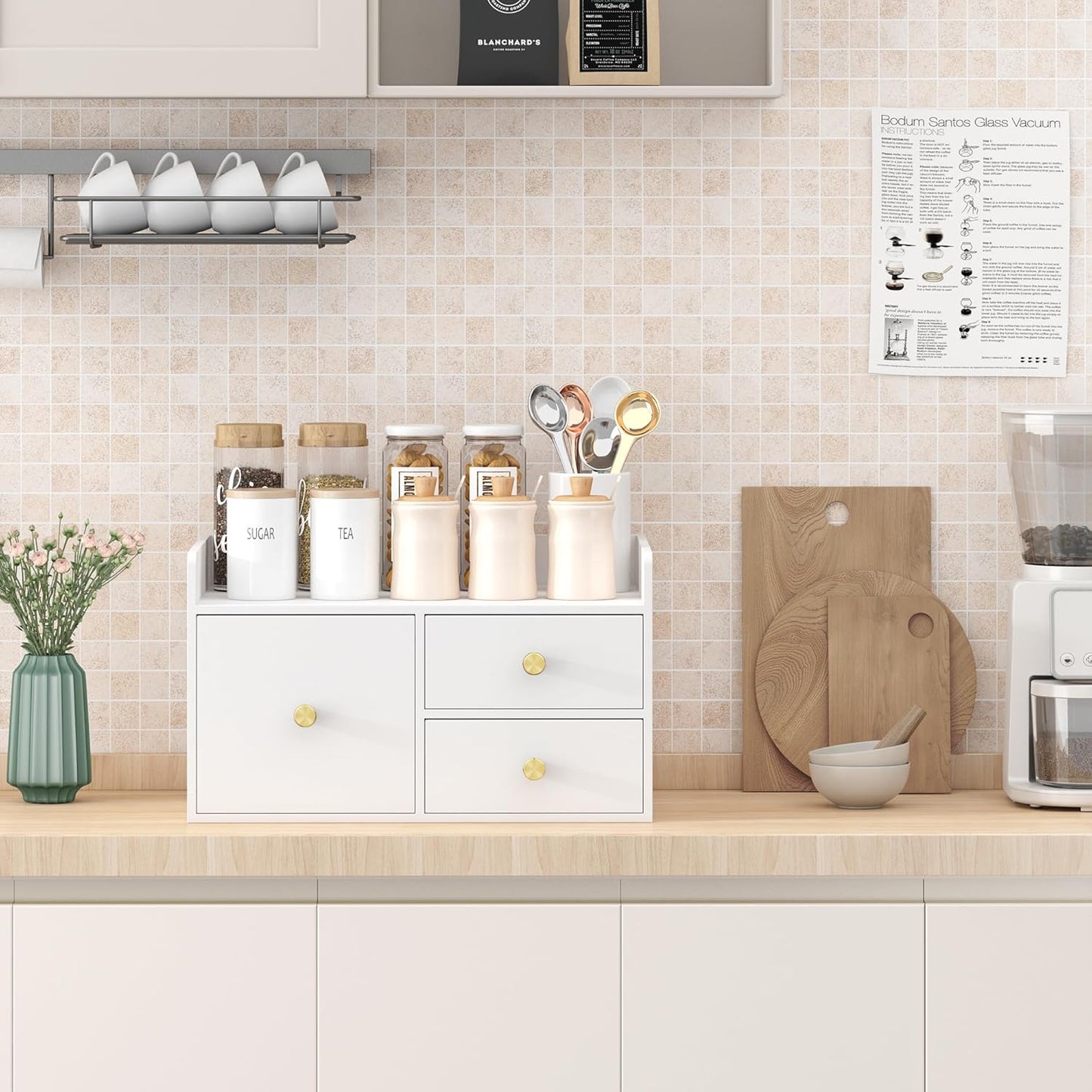 Bamboo Desk Organizer - Stackable, No Assembly Required, Ideal for Office/Home Use - Perfect for Toiletries, Stationery, Accessories. (White, Square drawer to the left of the fence)