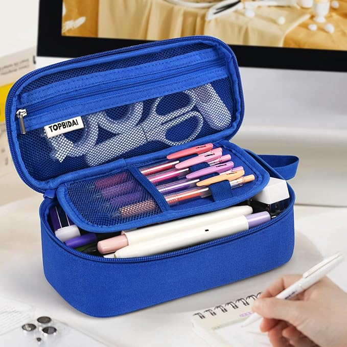 Large Pencil Case Pouch for Boy Men Kids Adults, Big Capacity Canvas Pencil Bag, Office College School Multi Compartment Zipper Stationery Pen Bag (Navy Blue)