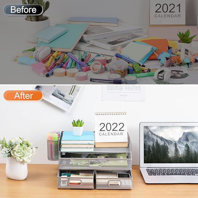 Marbrasse 3 Tier Mesh Desk Organizer with Drawer, Multi-Functional Desk Organizers and Accessories, Paper Letter Organizer with 2 Pen Holder for Home Office Supplies (Silver)