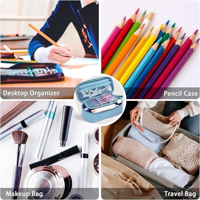 Large Pencil Case Pouch for Girls Boy Kids Children, Big Capacity Canvas Pencil Bag, Office College School Multi Compartment Zipper Stationery Pen Bag (Light Blue)