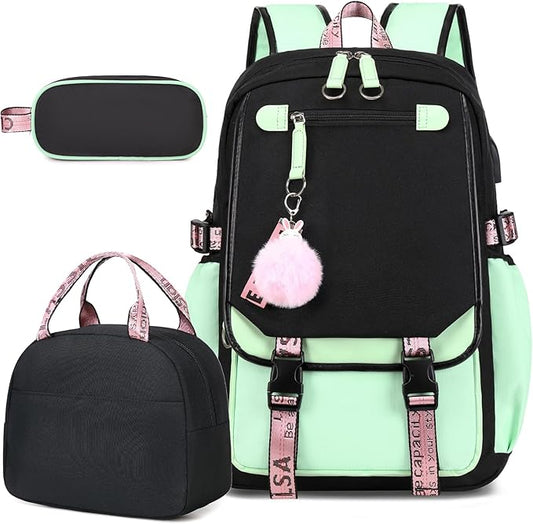 Bevalsa School Backpack for Girls, Backpack with Lunch Box & Pen Case, Bookbag for Girls Kids Elementary Middle High School Student 21L Children Schoolbag (Black Green)