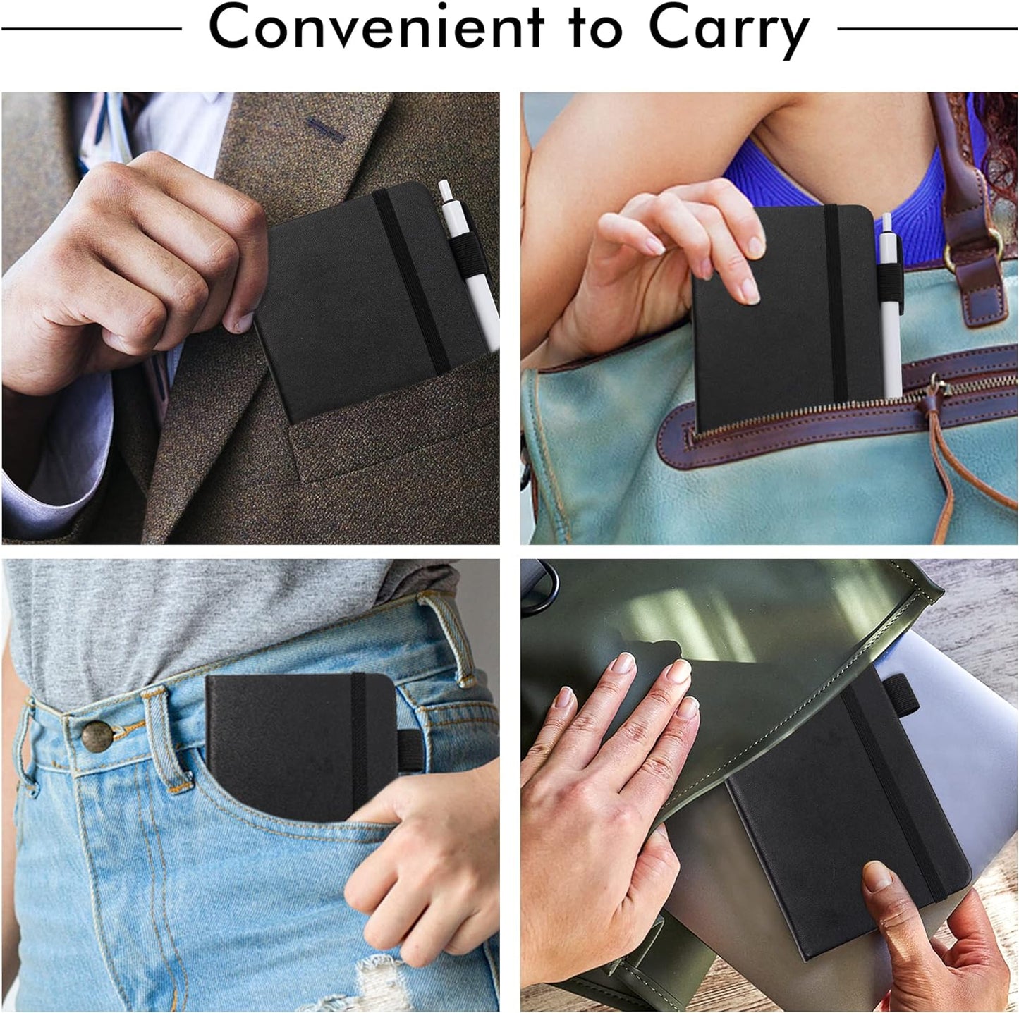 feela 3 Pack Pocket Notebook Journals with 3 Black Pens, A6 Mini Cute Small Journal Notebook Bulk Hardcover College Ruled Notepad with Pen Holder for Office School Supplies, 3.5”x 5.5”, Black