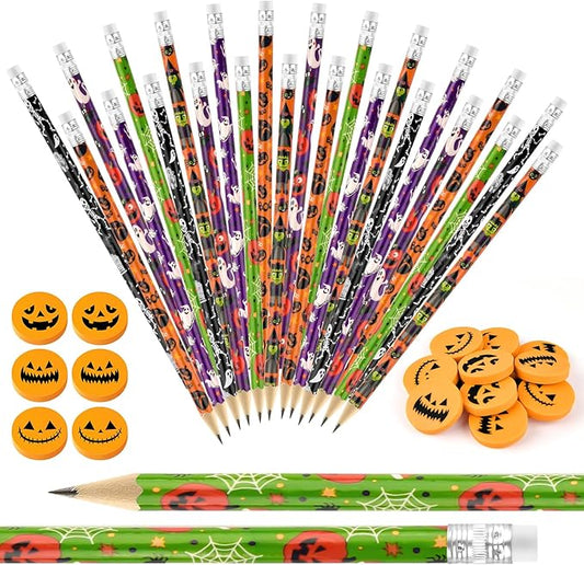24 Pieces Carton Halloween Pencils with 24 Pieces 3D Pumpkin Erasers Sets in Bulk for Kids Funny Erasers Cute Pencils for Holiday Goodie Bags Fillers Gifts School Classroom Rewards Supplies (Hallween)