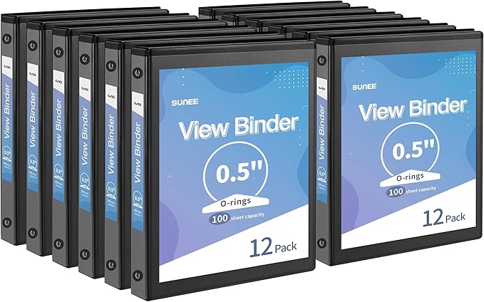 SUNEE 3 Ring Binder 1/2 Inch 12 Pack, Clear View Three Ring PVC-Free (Fit 8.5x11 Inches) for School or Office Supplies, Black