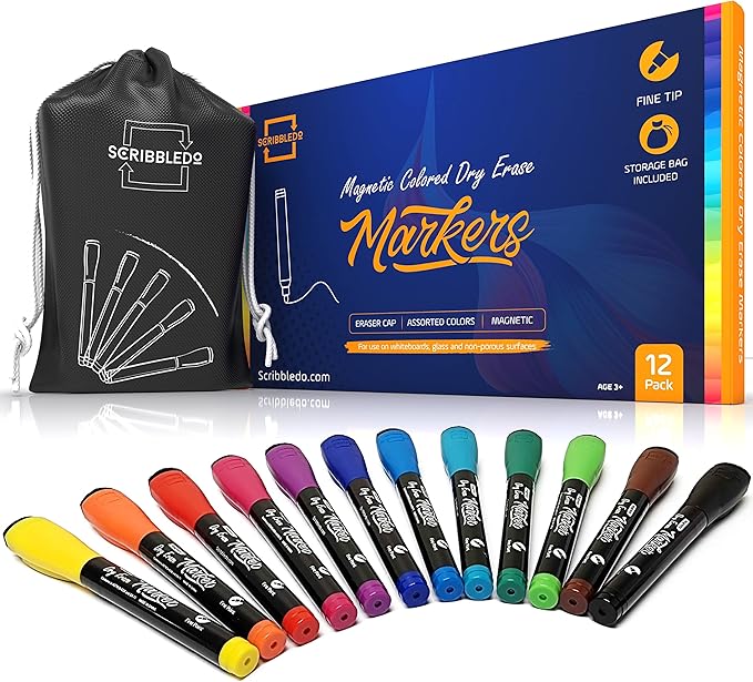 Scribbledo Magnetic Dry Erase Markers, Fine Tip, Assorted Colors, Low Odor, with Eraser Cap, Thin Whiteboard Markers for Adults, Students, Teachers, Kids (12 Pack)