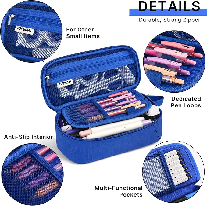 Large Pencil Case Pouch for Boy Men Kids Adults, Big Capacity Canvas Pencil Bag, Office College School Multi Compartment Zipper Stationery Pen Bag (Navy Blue)