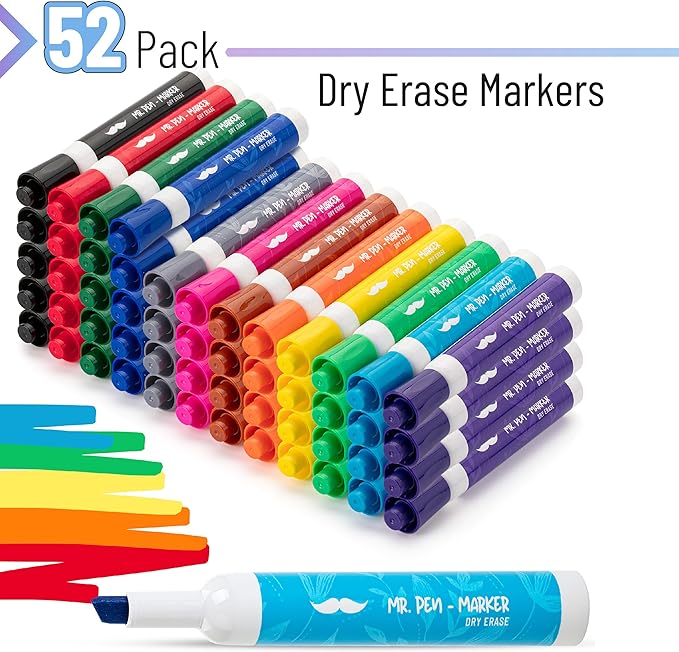 Mr. Pen- Dry Erase Markers Chisel Tip, Low Odor Chisel Tip Markers, 52 Pack, Assorted Colors, White Board Markers Dry Erase Pens