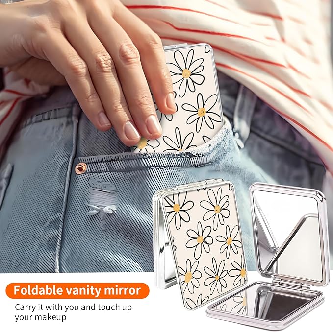 Compact Pocket Mirror, Cute Travel Mini Mirror with Magnification, Foldable Double-Sided Portable Cosmetic Mirror for Men, Women Cute Daisy