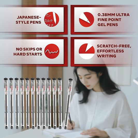 XFasten Extra Fine Point Pens 0.38mm 24-Pack Japanese-Style Fine Tip Gel Ink Ballpoint Pen Black, Smooth Ink Flow, Smudge-Free, Quick-Drying, No Smear for Journaling, Note-Taking, Office, and School